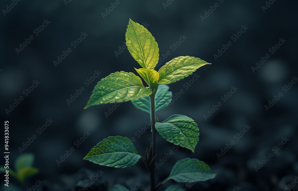 A young green plant emerges from dark soil under soft light in a serene indoor setting, symbolizing growth and renewal A young green plant emerges from dark soil under soft light in a serene indoor setting, symbolizing growth and renewal