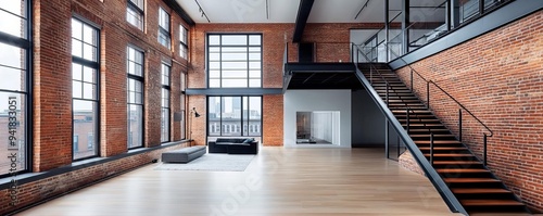 Industrial loft with exposed brick walls and large windows, natural light, urban living