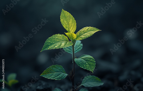 A young green plant emerges from dark soil under soft light in a serene indoor setting, symbolizing growth and renewal