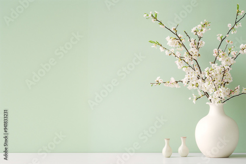 white flowers in vase with mint background, simple, elegant