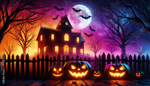 Halloween background with pumpkins scene featuring a haunted house with glowing windows purple sky and full moon and bats hover above the silhouette of eerie trees
