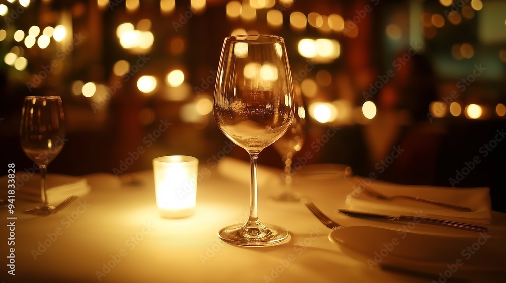 clear wine glass on a table in a fancy restaurant, softly illuminated clear wine glass on a table in a fancy restaurant, softly illuminated