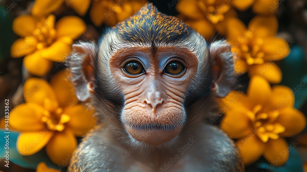 Fototapeta premium A curious monkey with large brown eyes stares directly at the camera, surrounded by a blurred background of yellow flowers.