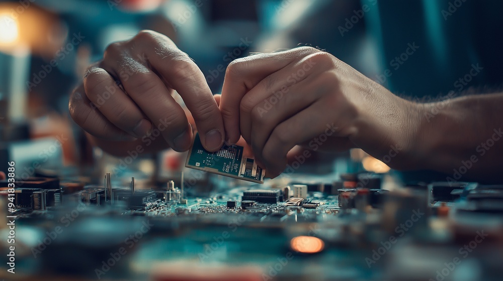 close-up of a worker's hands, carefully assembling a small component close-up of a worker's hands, carefully assembling a small component