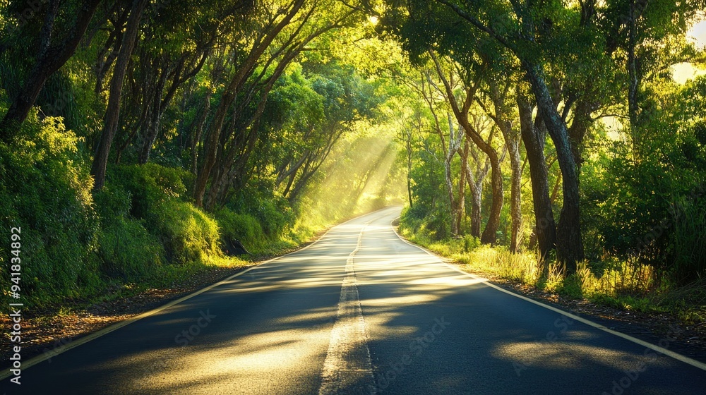 Close-up of a scenic road with a canopy of trees arching overhead, creating a tunnel of green and dappled sunlight Close-up of a scenic road with a canopy of trees arching overhead, creating a tunnel of green and dappled sunlight