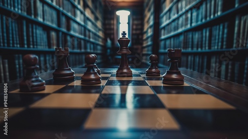 Wallpaper Mural dark wood chessboard set up in a quiet library Torontodigital.ca