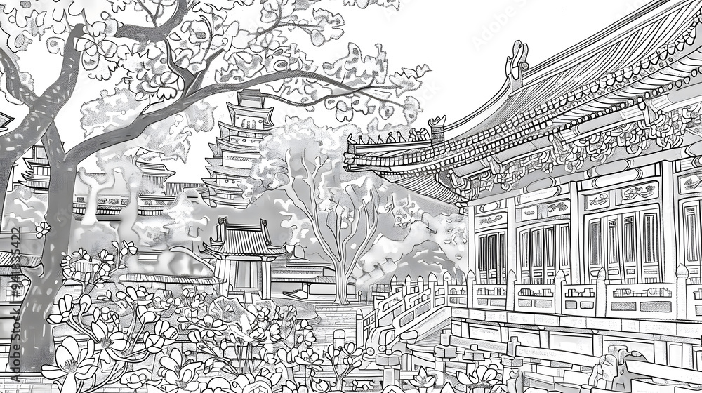 Hand Drawn Sketch Line Art Draft that showcases of Misty Japanese Temple and Garden and Chinese Temple with Cherry Blossoms at Riverside in the Morning Hand Drawn Sketch Line Art Draft that showcases of Misty Japanese Temple and Garden and Chinese Temple with Cherry Blossoms at Riverside in the Morning