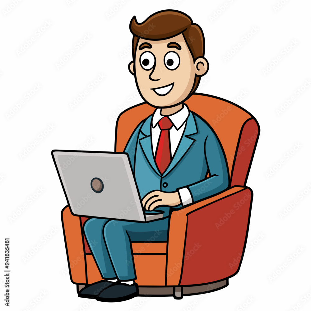Vector Illustration of Businessman Sitting in Armchair with Laptop on White Background Vector Illustration of Businessman Sitting in Armchair with Laptop on White Background