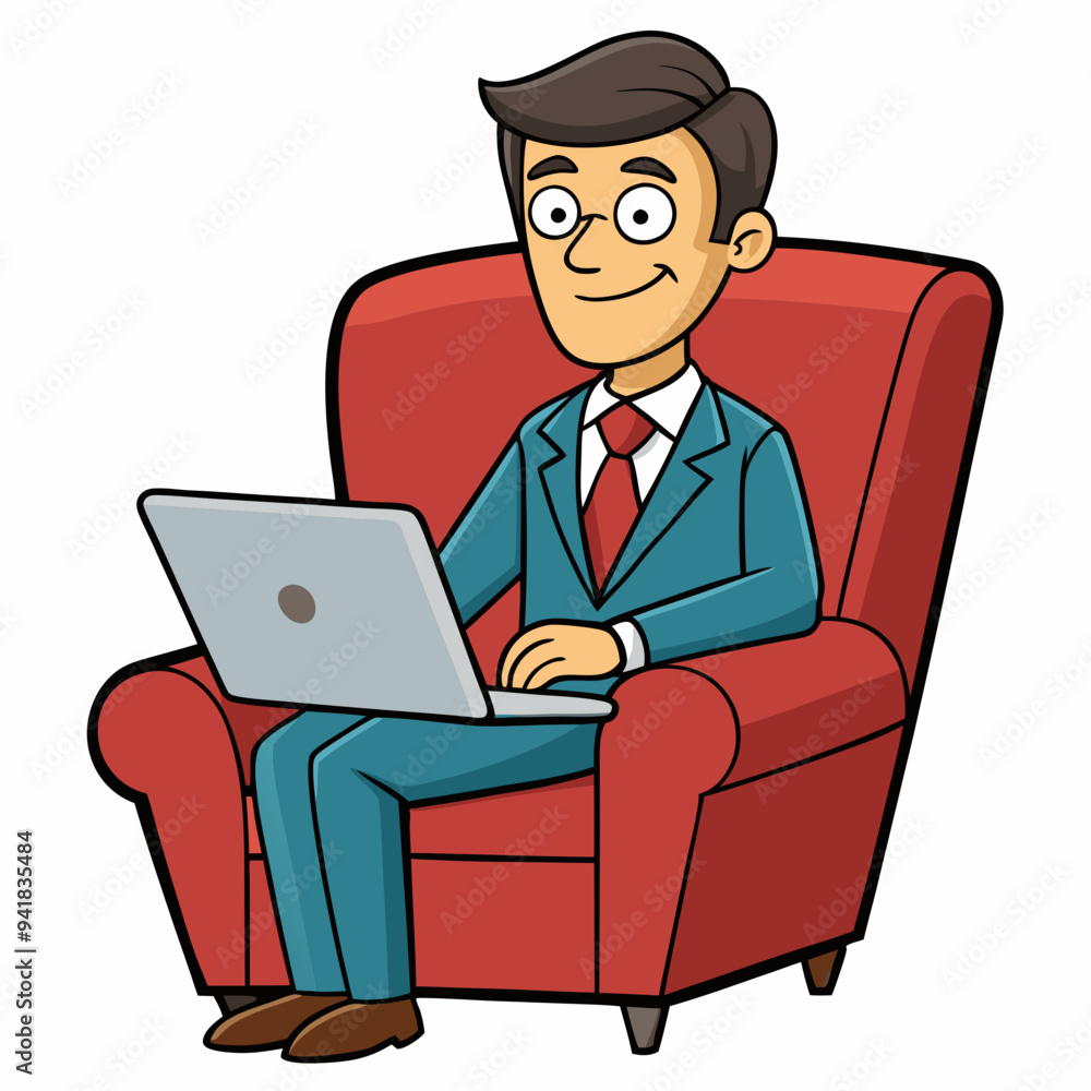 Vector Illustration of Businessman Sitting in Armchair with Laptop on White Background Vector Illustration of Businessman Sitting in Armchair with Laptop on White Background