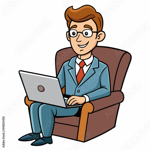 Vector Illustration of Businessman Sitting in Armchair with Laptop on White Background