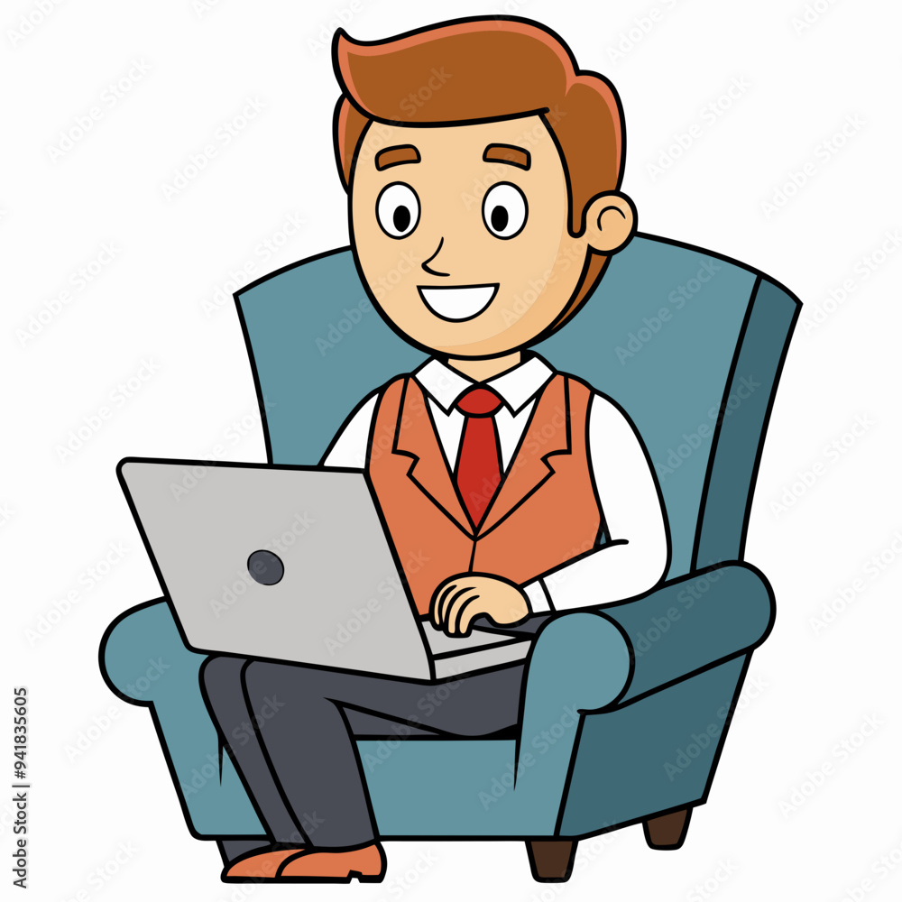 Vector Illustration of Businessman Sitting in Armchair with Laptop on White Background Vector Illustration of Businessman Sitting in Armchair with Laptop on White Background