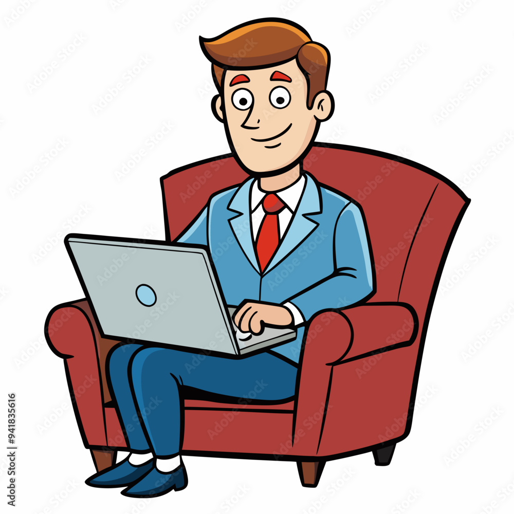 Vector Illustration of Businessman Sitting in Armchair with Laptop on White Background Vector Illustration of Businessman Sitting in Armchair with Laptop on White Background