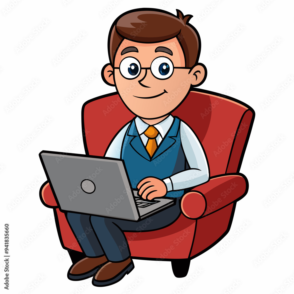 Vector Illustration of Businessman Sitting in Armchair with Laptop on White Background Vector Illustration of Businessman Sitting in Armchair with Laptop on White Background