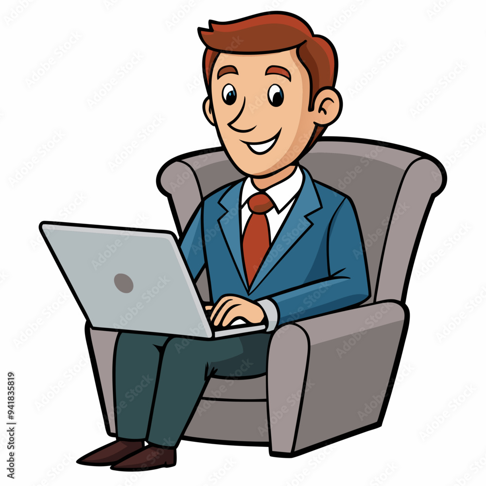 Vector Illustration of Businessman Sitting in Armchair with Laptop on White Background Vector Illustration of Businessman Sitting in Armchair with Laptop on White Background