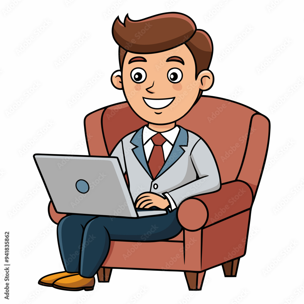 Vector Illustration of Businessman Sitting in Armchair with Laptop on White Background Vector Illustration of Businessman Sitting in Armchair with Laptop on White Background