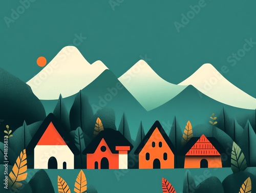 Minimalist illustration of a village nestled in the mountains