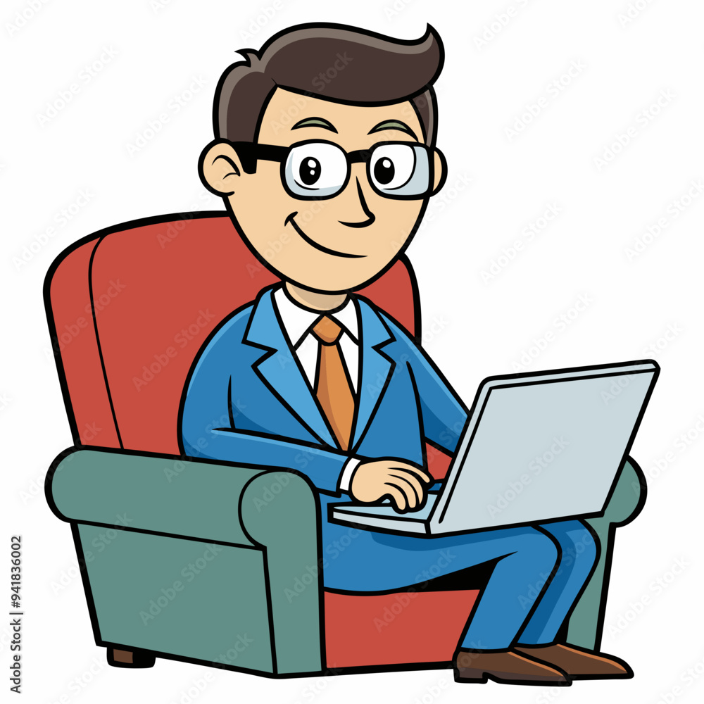Vector Illustration of Businessman Sitting in Armchair with Laptop on White Background Vector Illustration of Businessman Sitting in Armchair with Laptop on White Background