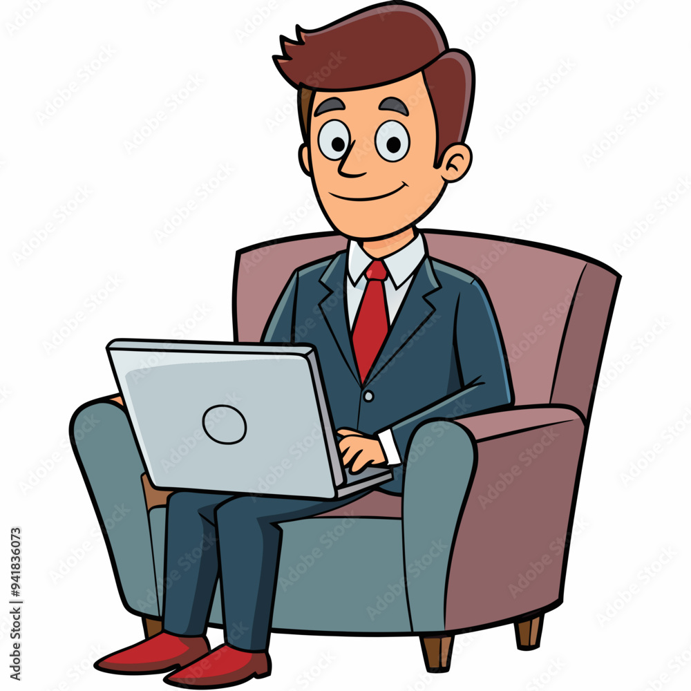 Vector Illustration of Businessman Sitting in Armchair with Laptop on White Background Vector Illustration of Businessman Sitting in Armchair with Laptop on White Background