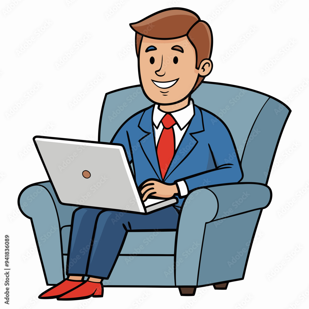 Vector Illustration of Businessman Sitting in Armchair with Laptop on White Background Vector Illustration of Businessman Sitting in Armchair with Laptop on White Background