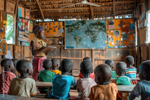 Fotografie Young female teacher giving lesson to her students in african school