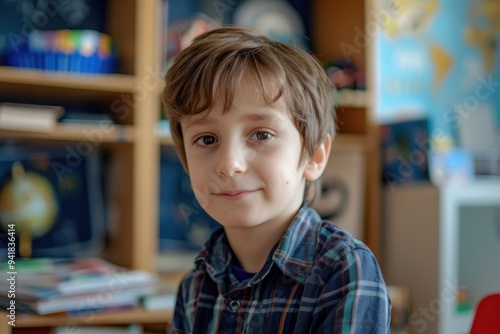 Portrait of smiling boy posing in classroom at school