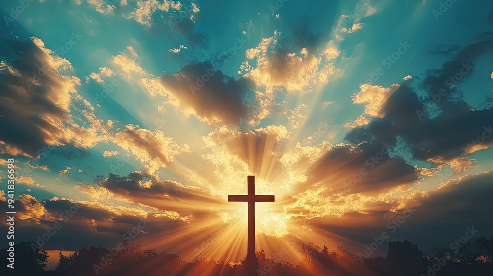 Fototapeta premium Close-up of a silhouette of a cross against a radiant sunrise, with beams of light piercing through the clouds
