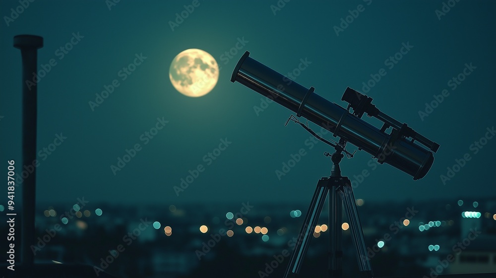 Fototapeta premium telescope set up on a rooftop, glinting under the soft glow of the moonlight