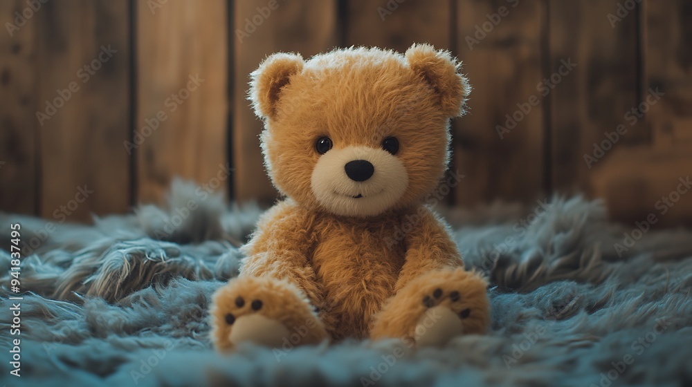 A cute brown teddy bear sitting on a fuzzy blue rug, with a rustic wooden background.