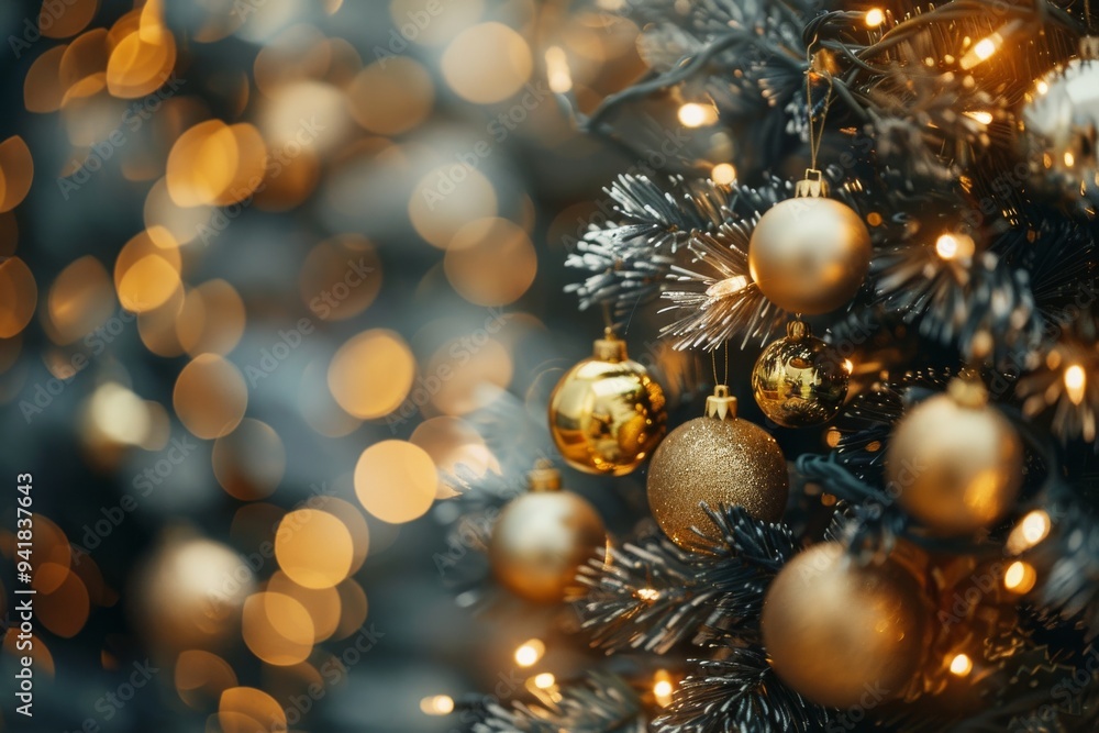 A magnificent Christmas tree is adorned with golden ornaments and sparkling lights, blending beautifully with a cozy bokeh background, evoking a festive and joyous holiday atmosphere A magnificent Christmas tree is adorned with golden ornaments and sparkling lights, blending beautifully with a cozy bokeh background, evoking a festive and joyous holiday atmosphere