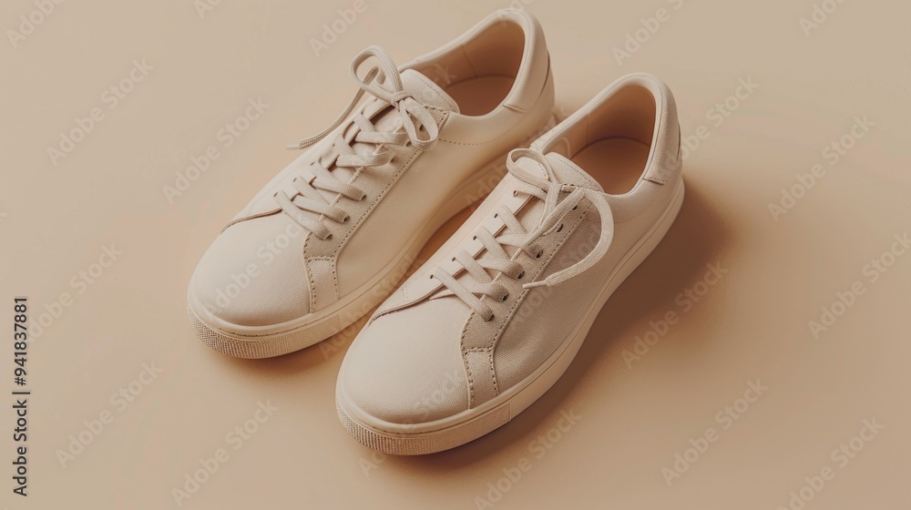A close-up shot of a pair of white sneakers sitting on a beige surface A close-up shot of a pair of white sneakers sitting on a beige surface