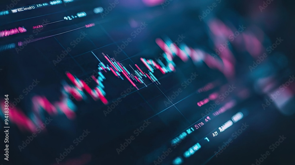 Close-up of a stock chart with detailed candlestick patterns and trading volume bars, on a financial app Close-up of a stock chart with detailed candlestick patterns and trading volume bars, on a financial app