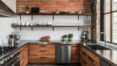 Wallpaper Mural Loft kitchen with open shelving and stainless steel countertops, modern industrial, urban decor Torontodigital.ca