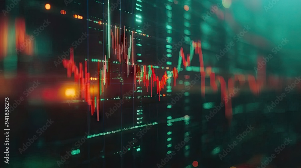 Close-up of a stock chart with dynamic candlestick patterns and fluctuating lines on a digital screen Close-up of a stock chart with dynamic candlestick patterns and fluctuating lines on a digital screen