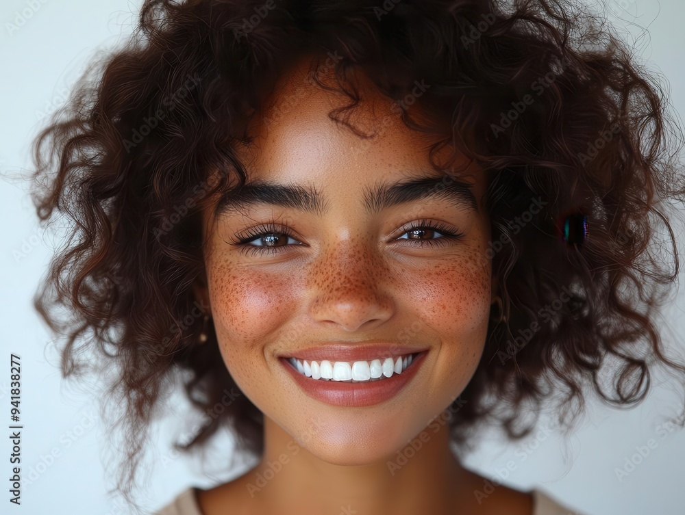 joyful young woman with bouncy curls radiant smile posed against stark white studio backdrop highkey lighting emphasizing her cheerful expression joyful young woman with bouncy curls radiant smile posed against stark white studio backdrop highkey lighting emphasizing her cheerful expression