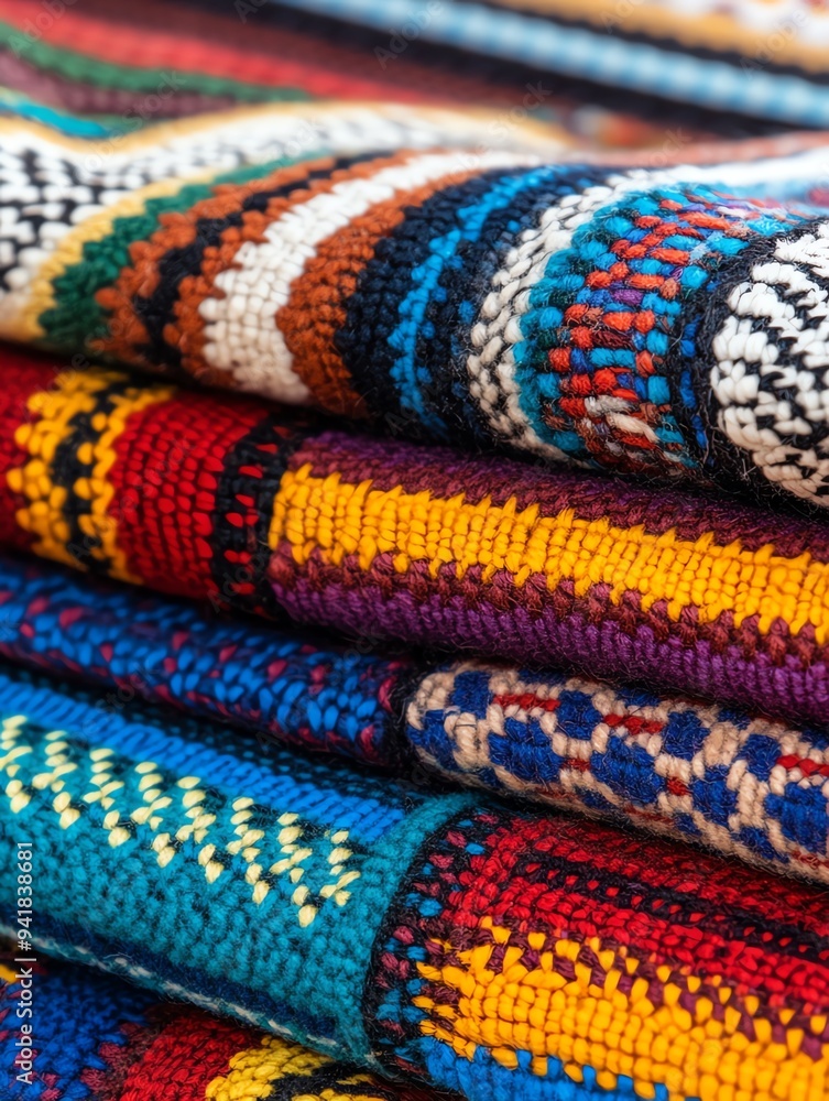 Close-up of colorful woven fabric with intricate patterns. Close-up of colorful woven fabric with intricate patterns.