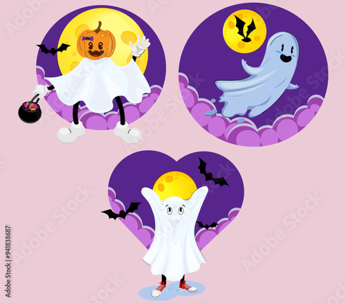 Spooky, funny  ghost against the background of the moon for Halloween 