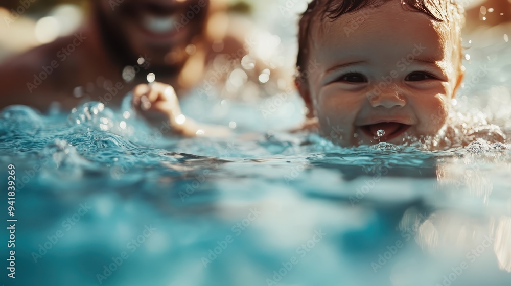 A joyful baby splashing and smiling while swimming in a pool, with water droplets glistening in the light, capturing a moment of pure happiness and fun. A joyful baby splashing and smiling while swimming in a pool, with water droplets glistening in the light, capturing a moment of pure happiness and fun.