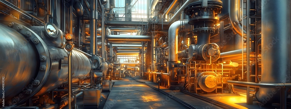 Depiction of an industrial plant with numerous pipes and machinery, showcasing the advanced technology used in oil production Depiction of an industrial plant with numerous pipes and machinery, showcasing the advanced technology used in oil production