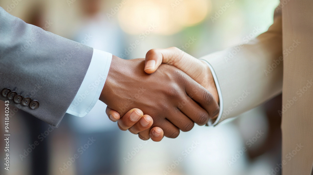 Two people shaking hands in a business setting Two people shaking hands in a business setting