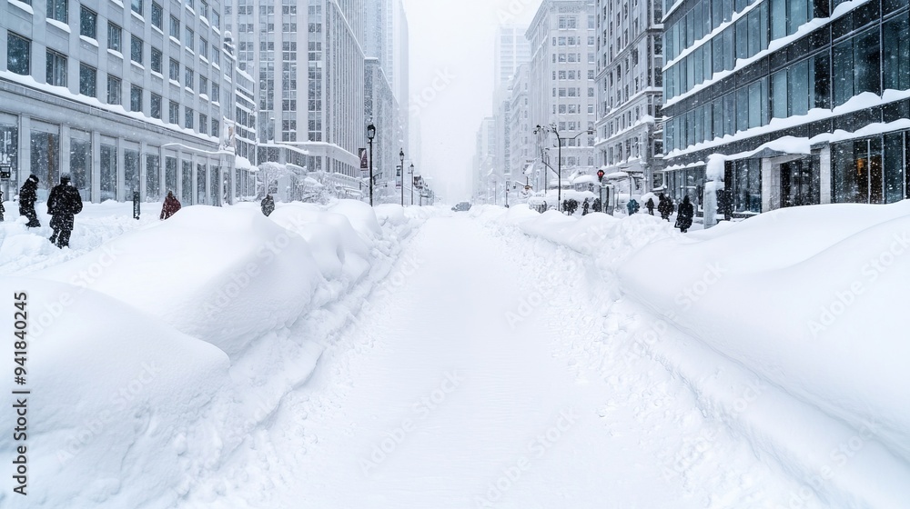 A snowstorm in the city, with snow piling up on streets and buildings, and people bundled up against the cold A snowstorm in the city, with snow piling up on streets and buildings, and people bundled up against the cold