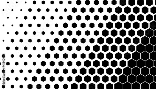 Black and white transition pattern of hexagon shape. Smooth motion to disappear transform. Vector Format Illustration. 