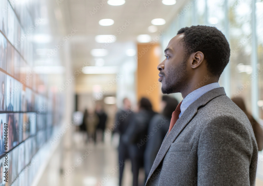A man in a gray suit is looking at a wall of pictures A man in a gray suit is looking at a wall of pictures