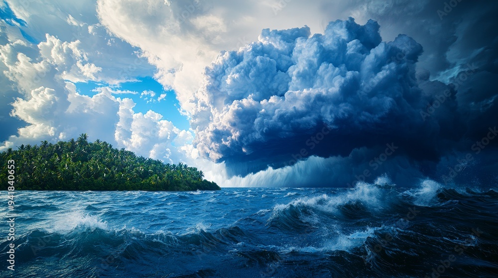 A tropical cyclone approaching an island, with dark clouds swirling and the sea becoming increasingly rough A tropical cyclone approaching an island, with dark clouds swirling and the sea becoming increasingly rough