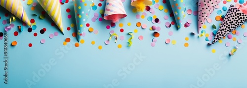 Vibrant and festive party hats with colorful confetti on a blue background, ideal for celebrations, events, and party themes. Perfect for birthdays, holidays, and joyful occasions photo