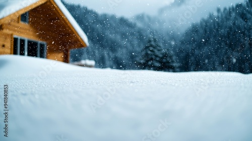 A winter blizzard enveloping a mountain cabin, with snow swirling through the air and the landscape completely white