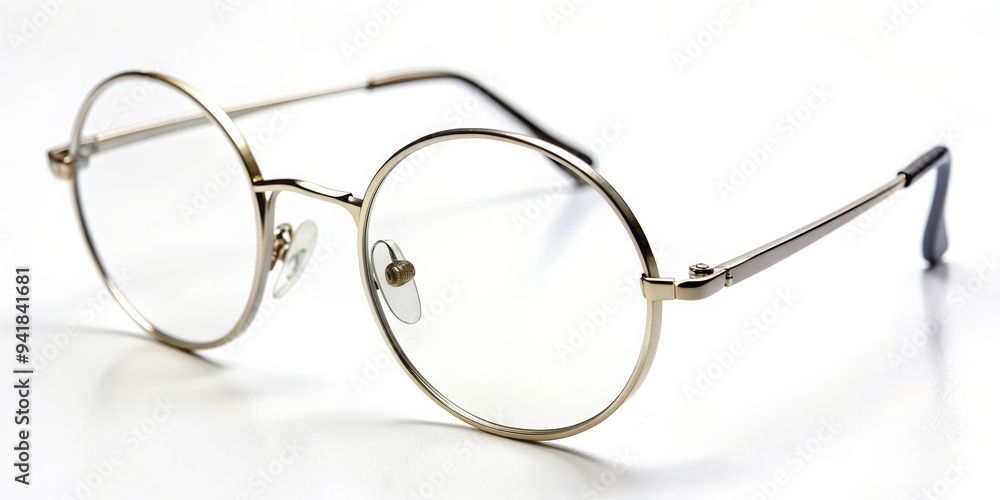 Fototapeta premium Gold-Rimmed Round Glasses on White Background, glasses, eyewear, fashion, accessory