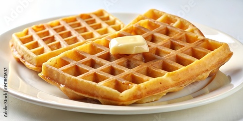 Golden Waffles with a Pat of Butter on a White Plate, breakfast , food , waffle , butter