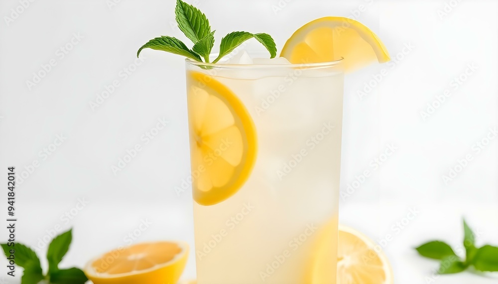 A glass of freshly squeezed lemonade garnished with lemon slices and a sprig of mint, set against a clean, bright background with subtle hints of citrus and mint A glass of freshly squeezed lemonade garnished with lemon slices and a sprig of mint, set against a clean, bright background with subtle hints of citrus and mint