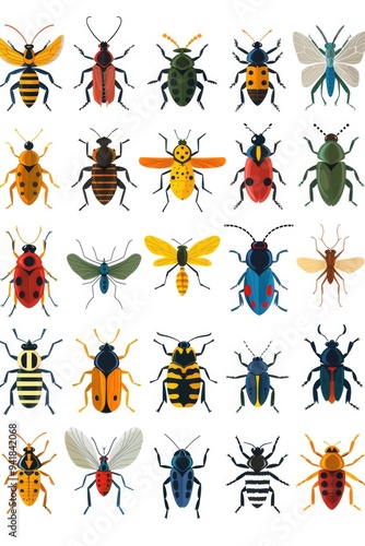 A collection of variously colored insects on a clean white surface photo