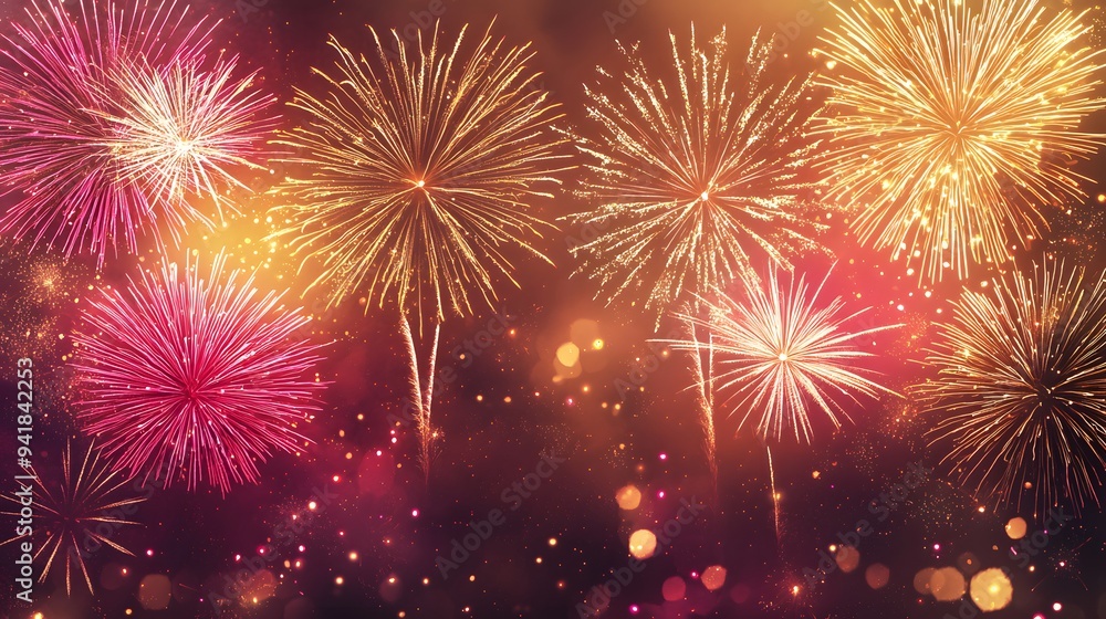 Naklejka premium Colorful fireworks bursting in the night sky, creating a festive atmosphere.